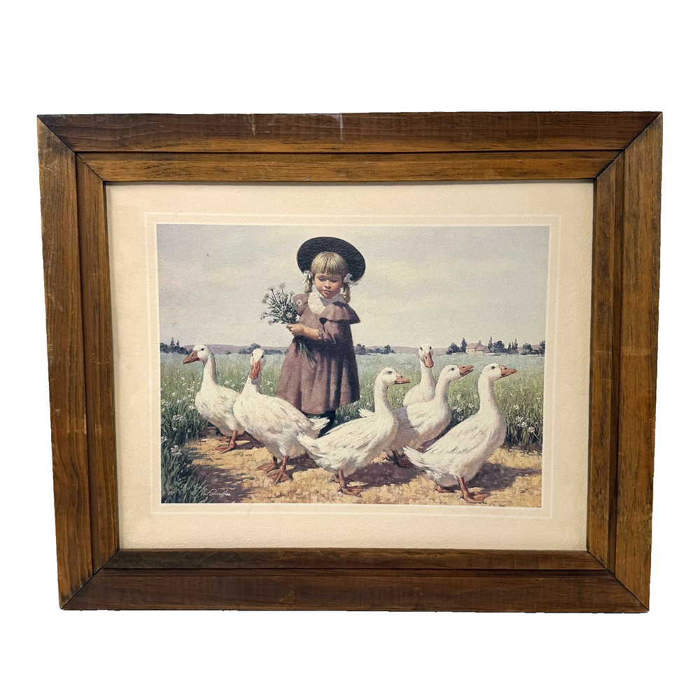 Arthur Sarnoff Goose Girl Picking Wild Flowers Framed Lithograph Print